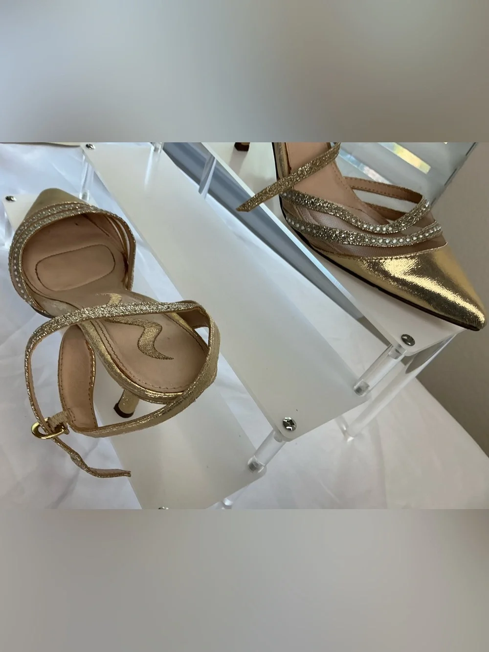 Nina Gold Rhinestone Slingback Kitten Heel Pointed Toe Pumps